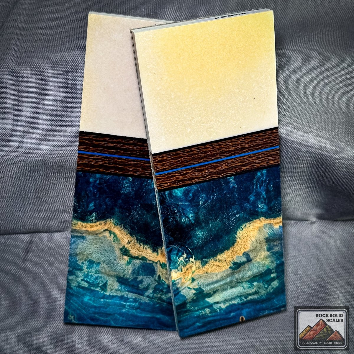 Tri-Color Ivory Paper Micart and Sea Blue Box Elder Burl - RockSolid Scales -